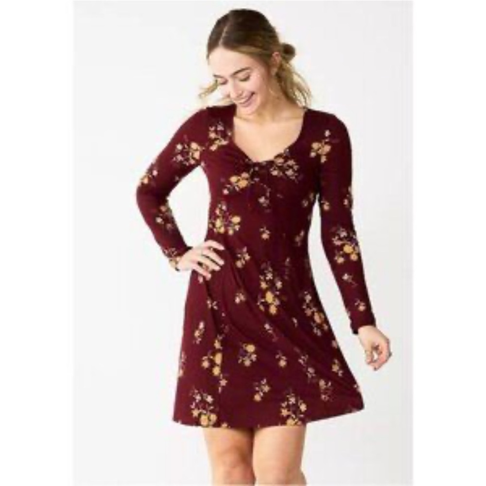 NWT SONOMA Junior Burgundy & Yellow Princess Fit & Flare Long Sleeve Dress SzXL